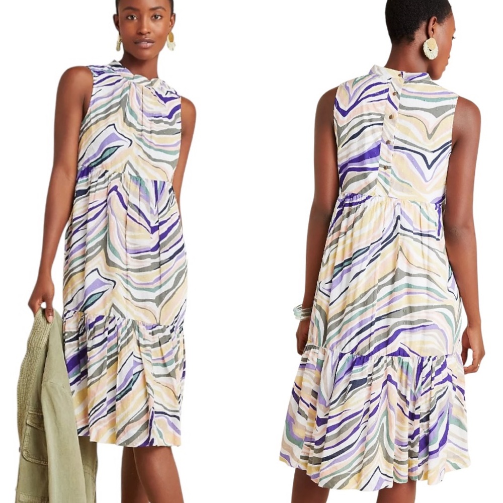 Anthropologie Faustina Geometric Striped Swiss Dot Sleeveless A-line Dress - 0 P
